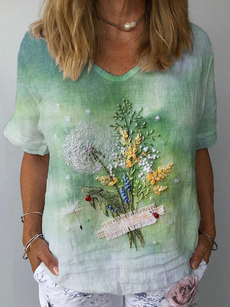 Comstylish Tie-Dye & Floral Embroidery Linen Women's Loose Shirt