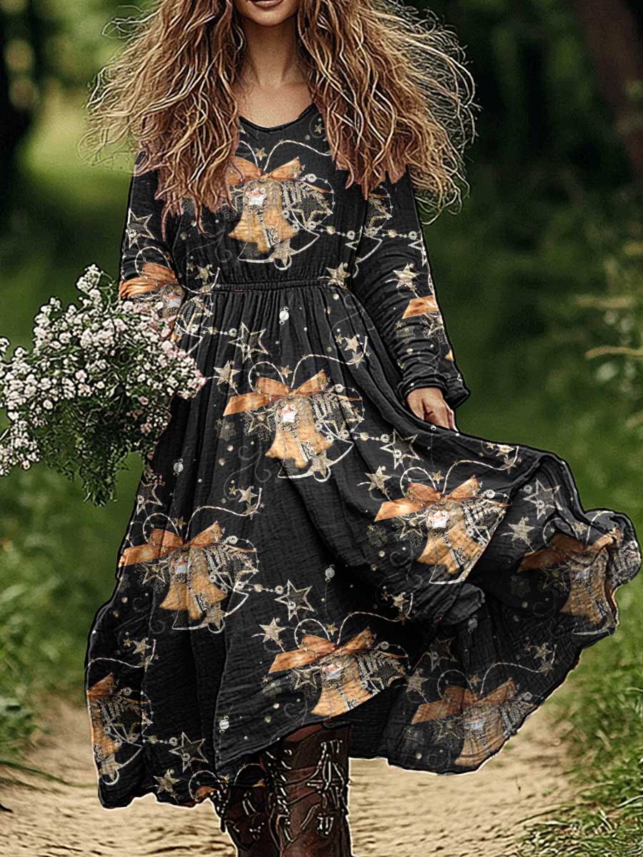 Women's Christmas Pattern Cotton and Linen Dress