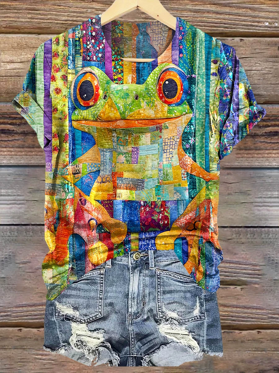 Women's Colorful Trippy Frog Print Crew Neck T-shirt