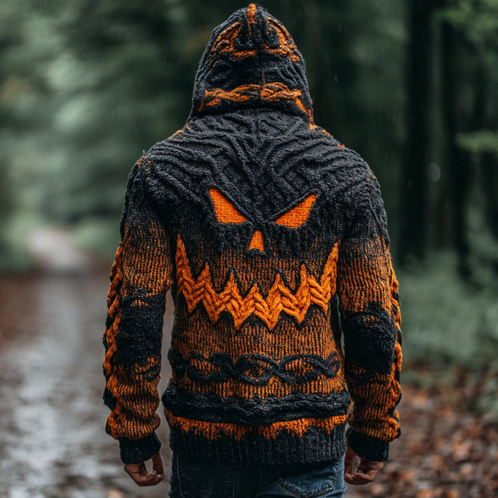 Halloween Spooky Face Gradient Men's Chunky Knit Hooded Sweater artswardrobe
