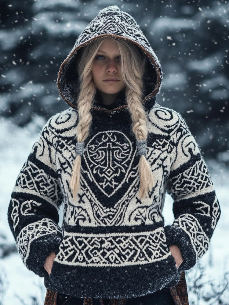 Viking Inspired Celtic Jacquard Chunky Hooded Sweater artswardrobe