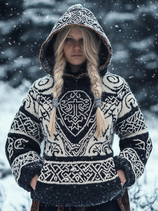 Viking Inspired Celtic Jacquard Chunky Hooded Sweater elevenforest