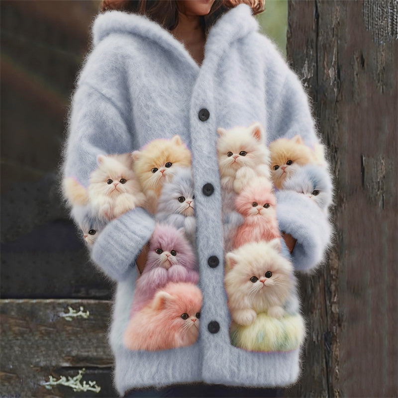 Lovely Fuzzy Colorful Cats Cozy Hooded Cardigan elevenforest
