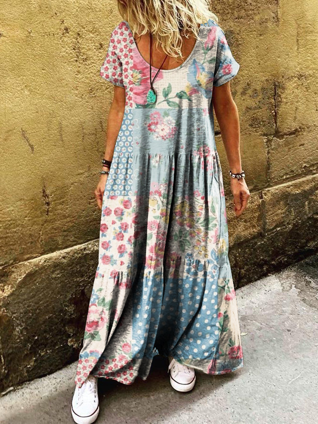 Women's Vintage Floral Patchwork Art Print Pocket Short Sleeve Cotton