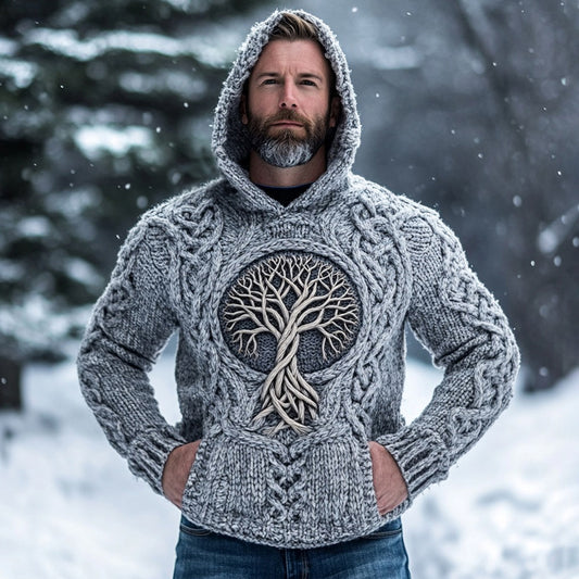 Men's Viking Tribal Tree Of Life Celtic Chunky Cozy Knit Hooded Sweater artswardrobe