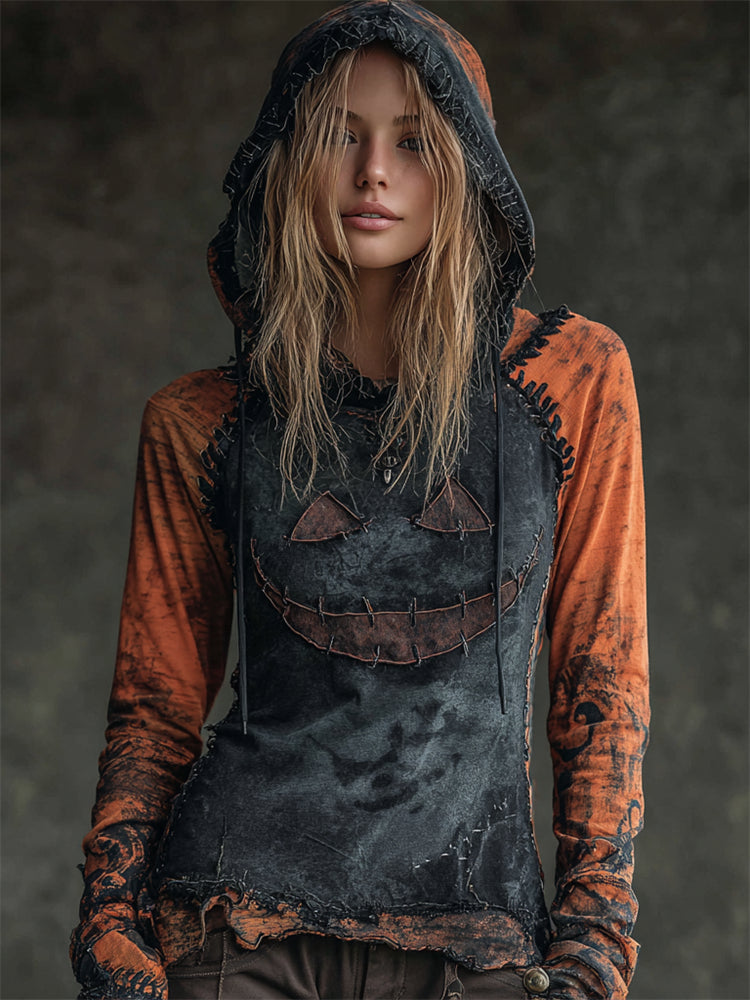 Comstylish Halloween Spooky Face Contrast Stitched Washed Hoodie