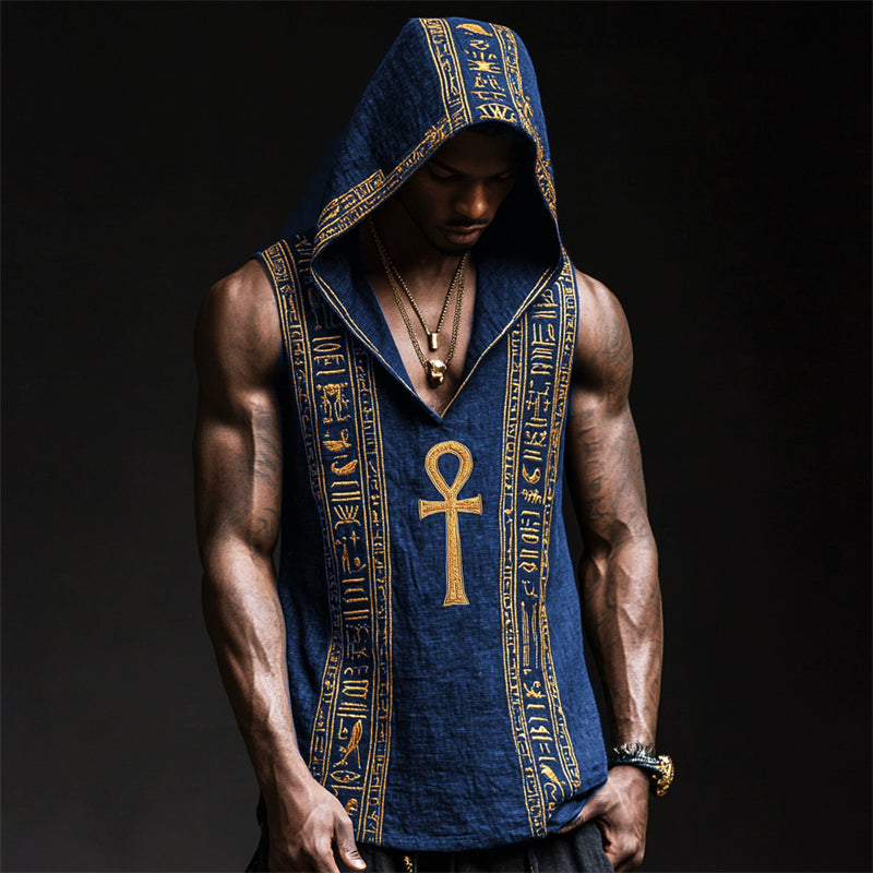 Men's Ankh Ancient Egyptian Embroidered Hooded Linen Tank artswardrobe