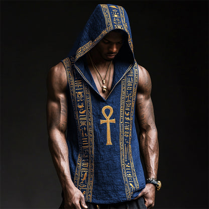 Men's Ankh Ancient Egyptian Embroidered Hooded Linen Tank artswardrobe
