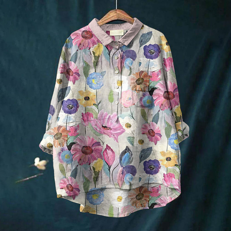 Comstylish Vintage Floral Oil Painting Casual Cotton Linen Shirt