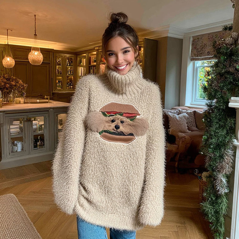 Fuzzy Funny Hamburger Puppy Appliqué Cozy Knit Turtleneck Sweater artswardrobe