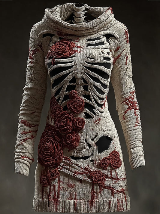 Halloween Skull Floral Knitted Warm Hooded Sweater artswardrobe