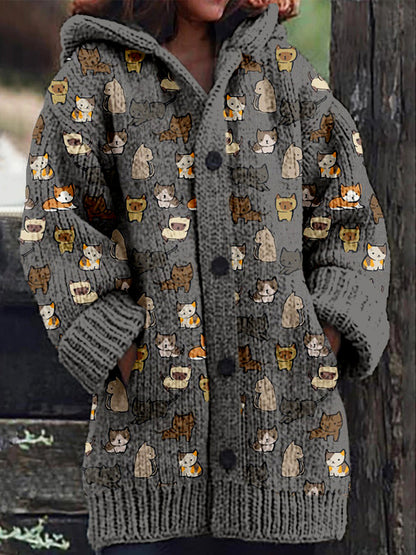 Cute Cats Pattern Cozy Hooded Knit Cardigan elevenforest