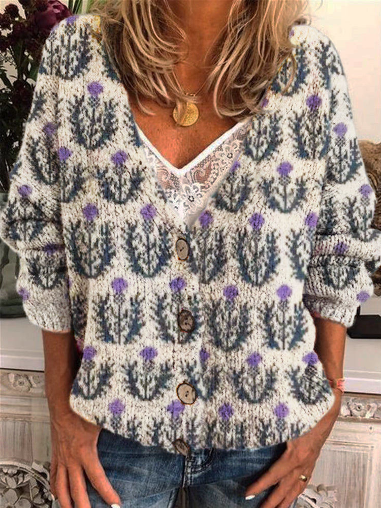 Scottish Thistle Flower Women's Knitted Cardigan elevenforest