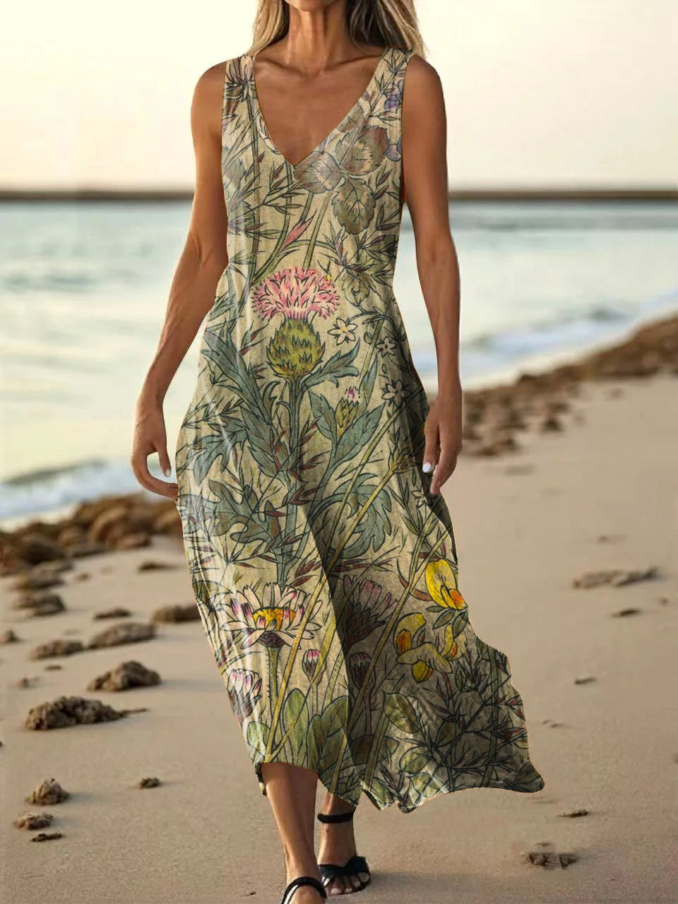 Women's Vintage Floral Art Print Pocket Cotton Dress