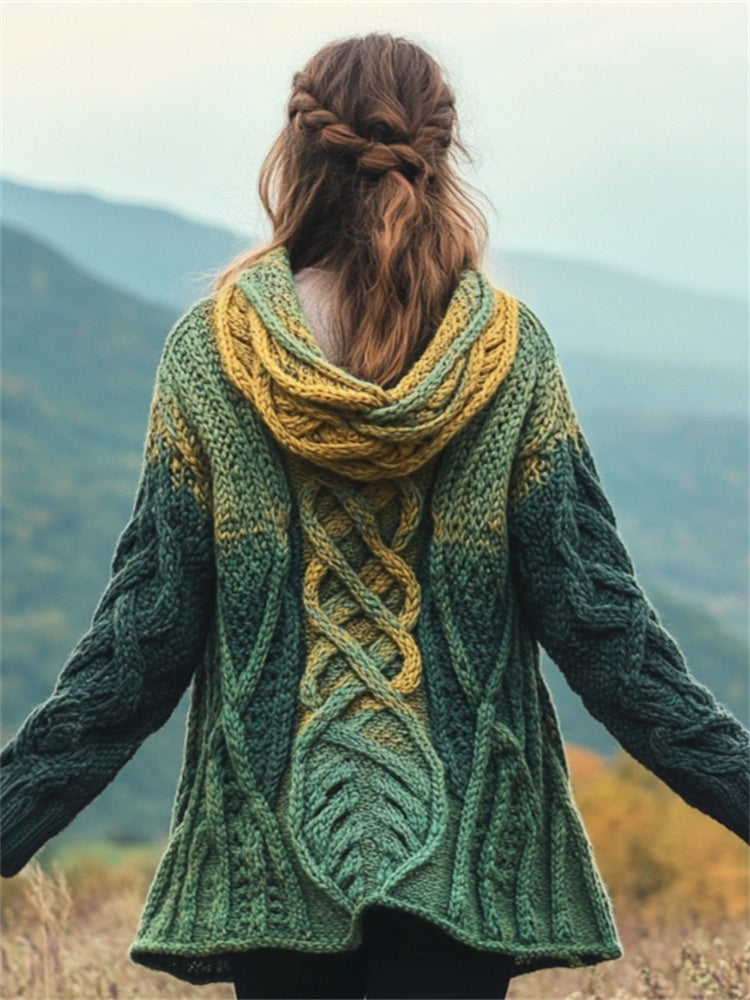 Forest Leaf Inspired Celtic Gradient Chunky Hooded Cardigan artswardrobe