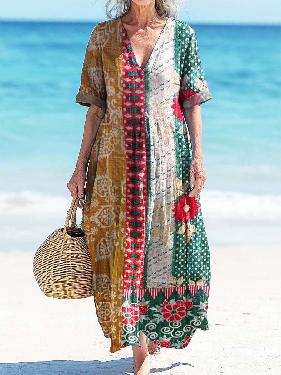 Women's Vintage Floral Patchwork Art Print Pocket Cotton Dress