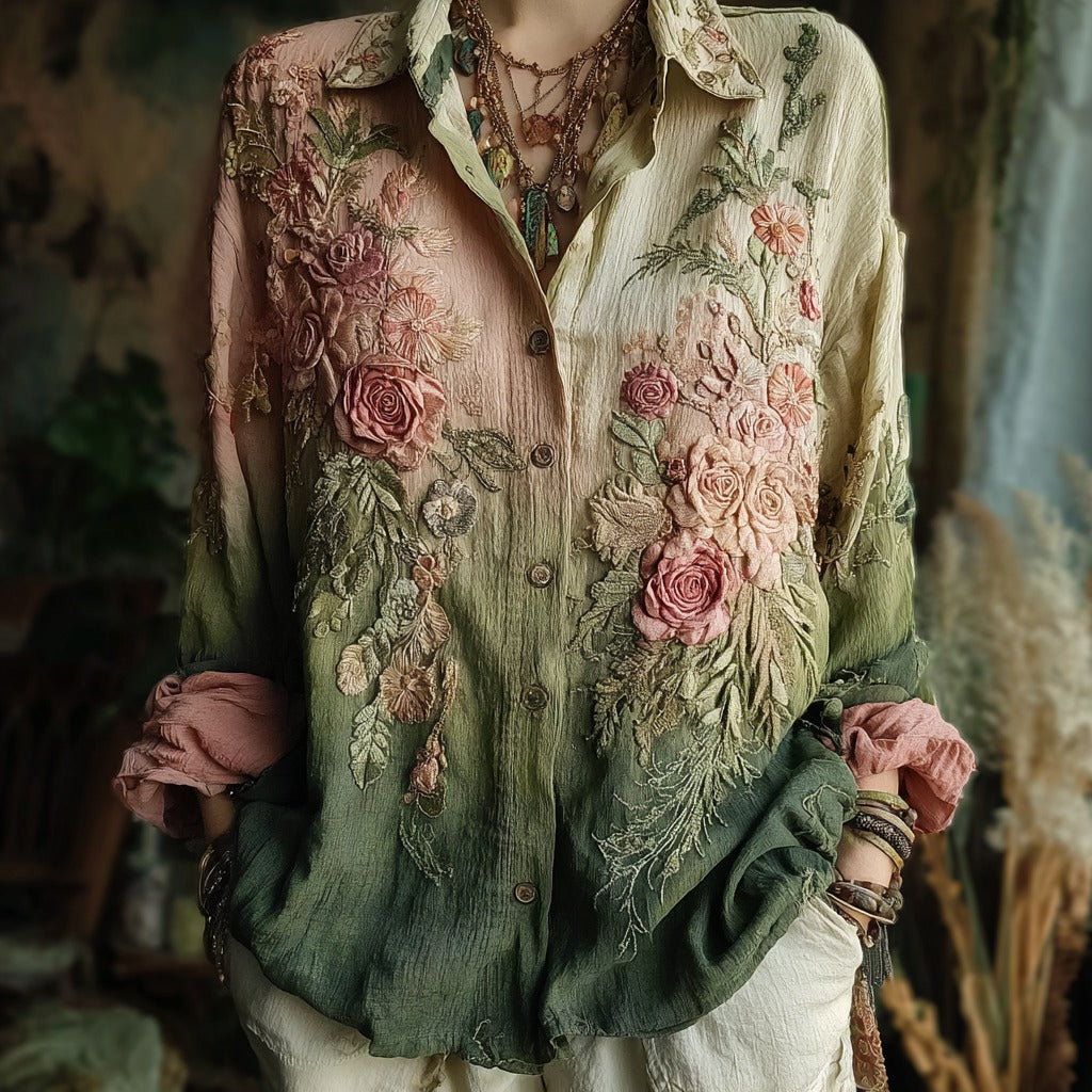 Comstylish Women's Vintage Floral Embroidery Contrast Linen Shirt