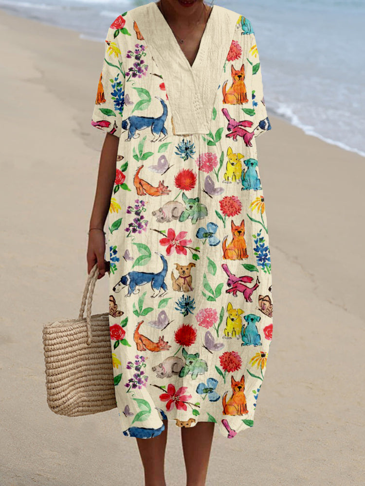 Comstylish Dogs in the Flower Garden Pattern Linen Blend Midi Dress