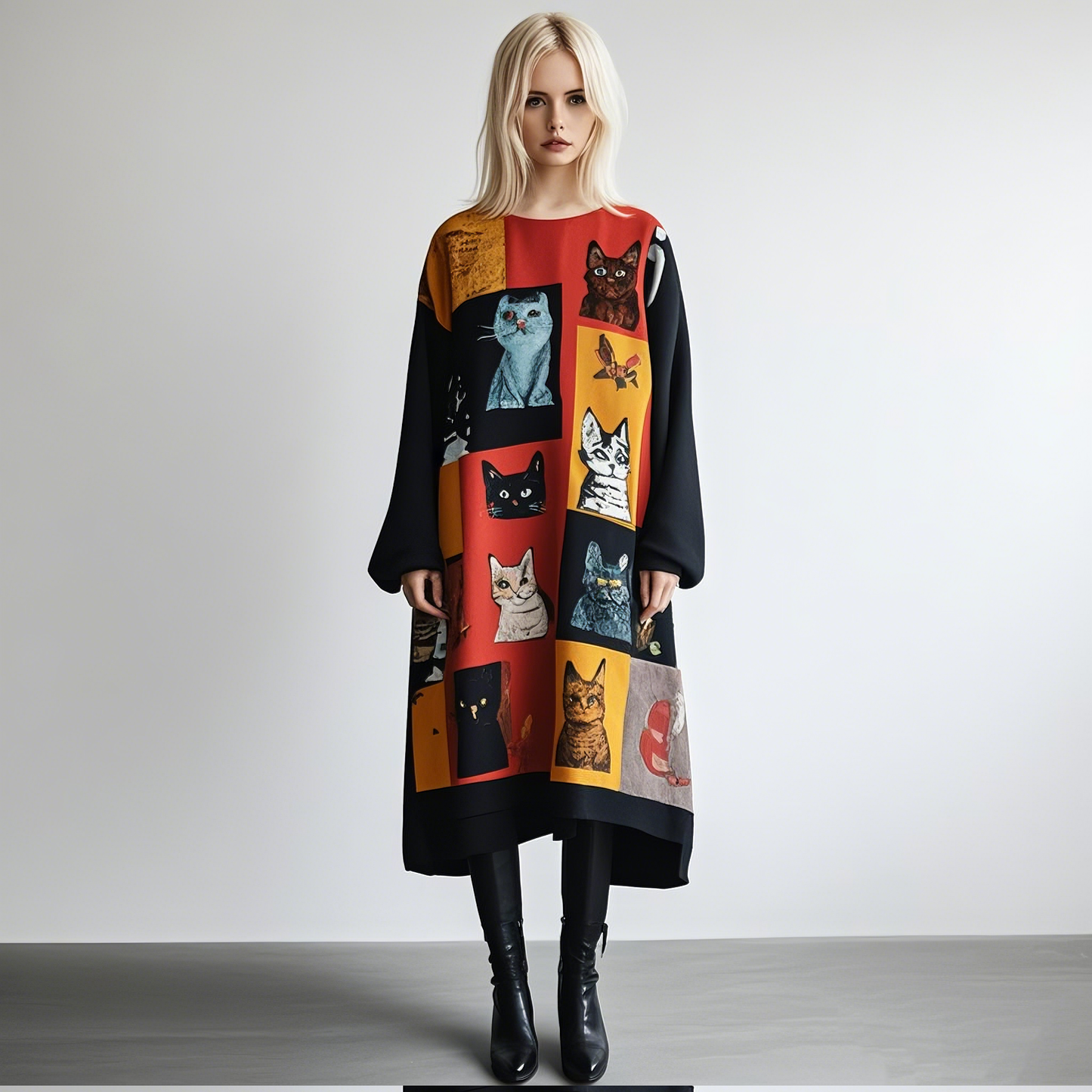 Pop Art Cat Patchwork Pattern Design Long Sleeves Midi Dress elevenforest