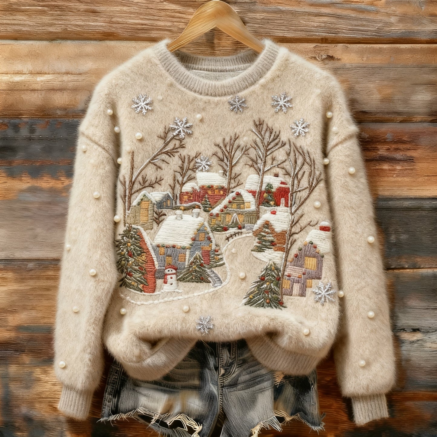 Women's Village Scenery Before Christmas Art Cozy Plush Sweater