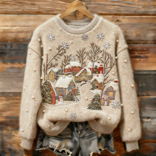 Women's Village Scenery Before Christmas Art Cozy Plush Sweater