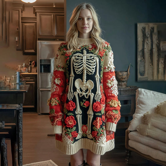 Women's Halloween Skull Flower Art Cozy Knit Sweater Mini Dress artswardrobe