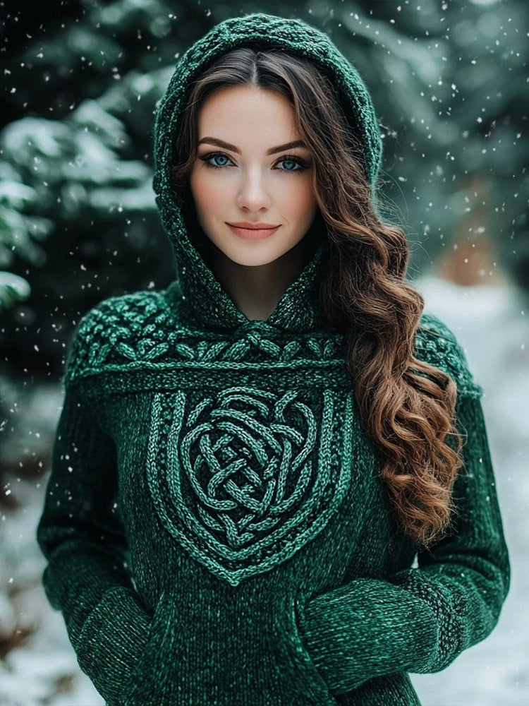 Women's Vintage Green Celtic Knot Design Knit Hooded Sweater artswardrobe