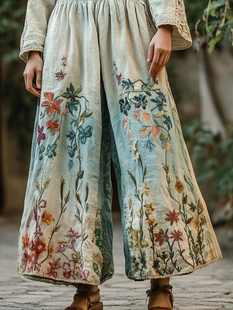 Retro Boho Floral Embroidered Gradient Linen Pants artswardrobe