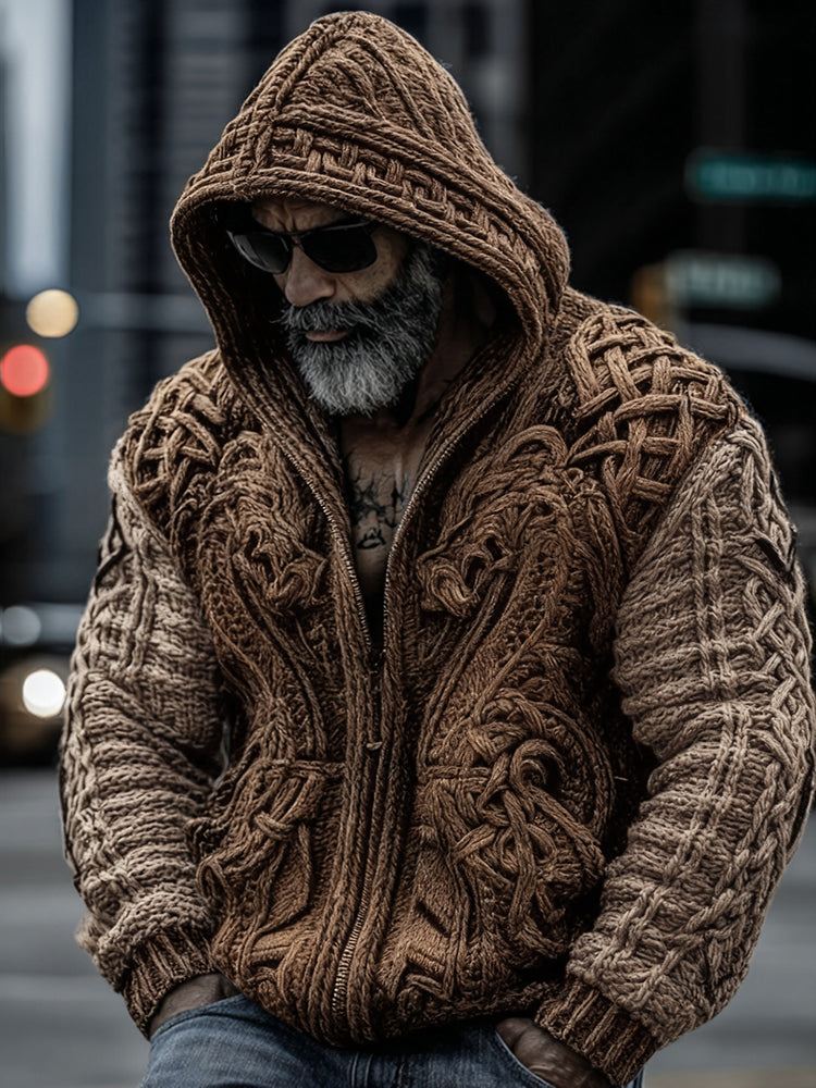 Men's Viking Dragon Totem Chunky Knit Hooded Cardigan artswardrobe