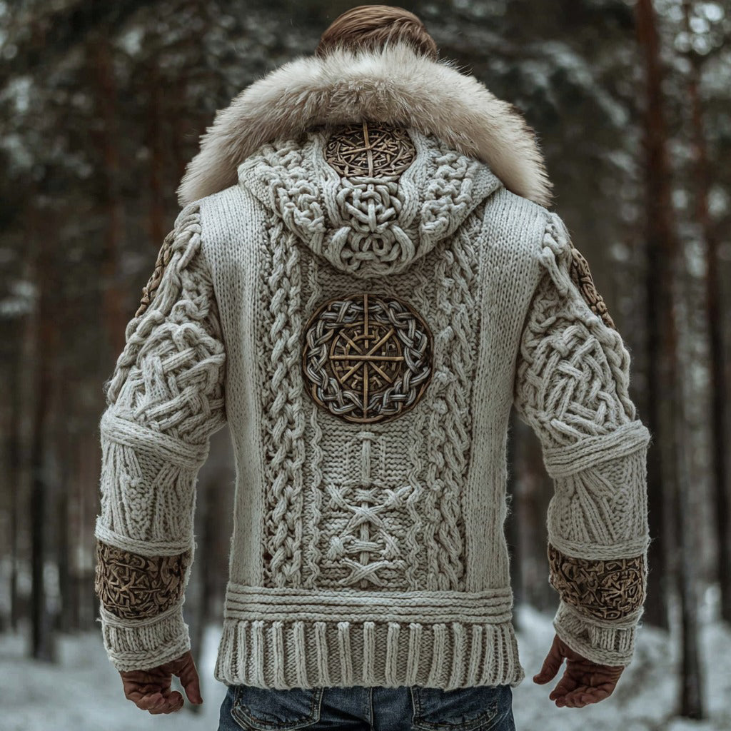 Men's Viking Runes Celtic Knot Art Cozy Fur Collar Knit Hooded Sweater Jacket artswardrobe