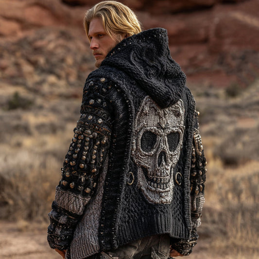 Men's Dark Style Skull Inspired Knitted Cozy Zipper Up Hooded Cardigan elevenforest