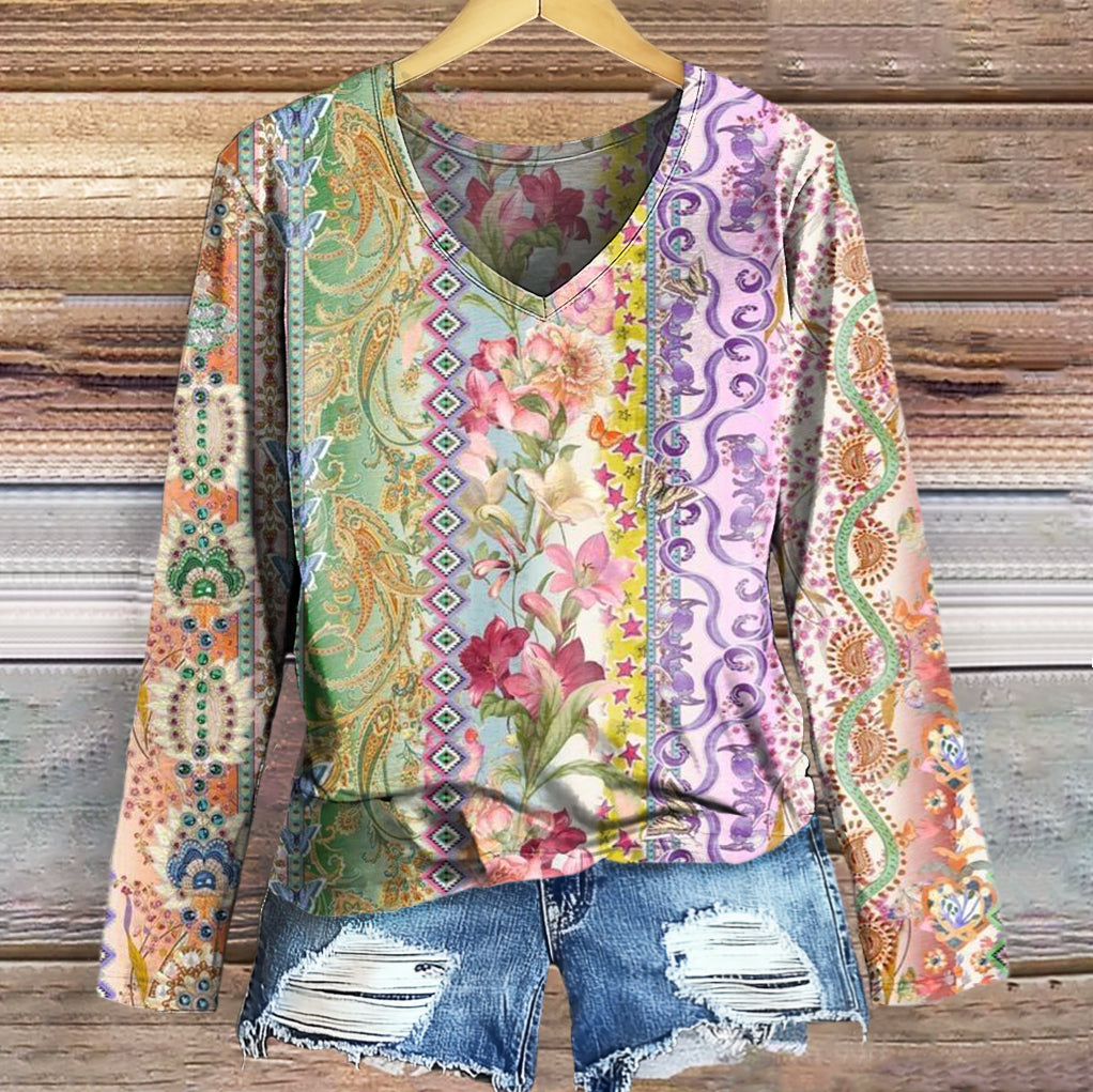 Women's Vintage Floral Art Print Casual V-neck Long Sleeve T-shirt