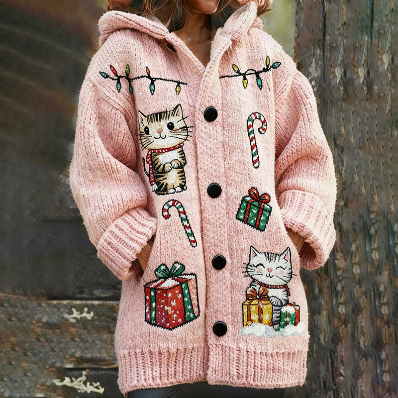 Comstylish Women's Christmas Cat Embroidery Cozy Knit Hooded Sweater Cardigan