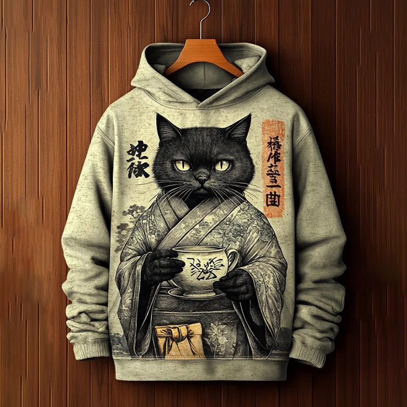 Men's Kimono Black Cat Serving Tea Japanese Calligraphy Art Print Hooded elevenforest