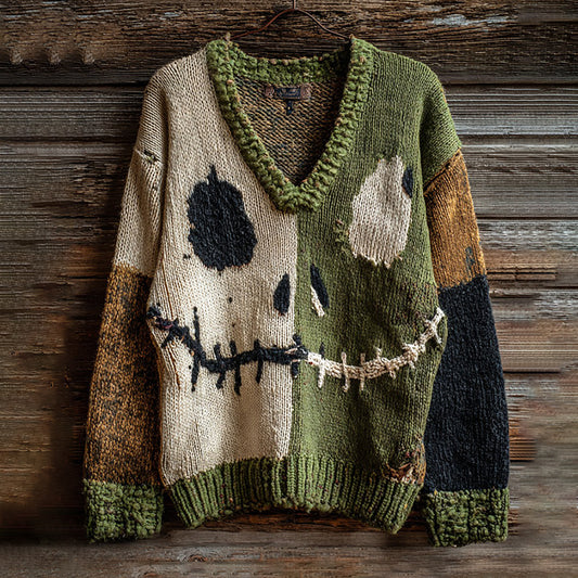 Halloween Spooky Face Contrast Stitching Comfortable Knitted V-neck Sweater elevenforest