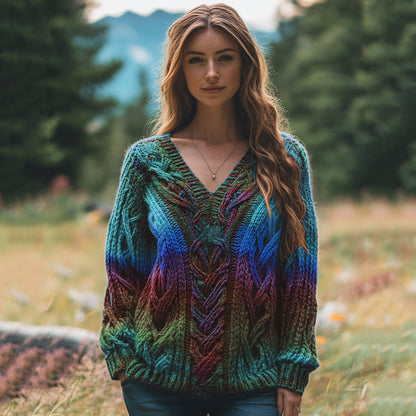 Classic Celtic Chunky Rainbow Color V Neck Cozy Sweater elevenforest