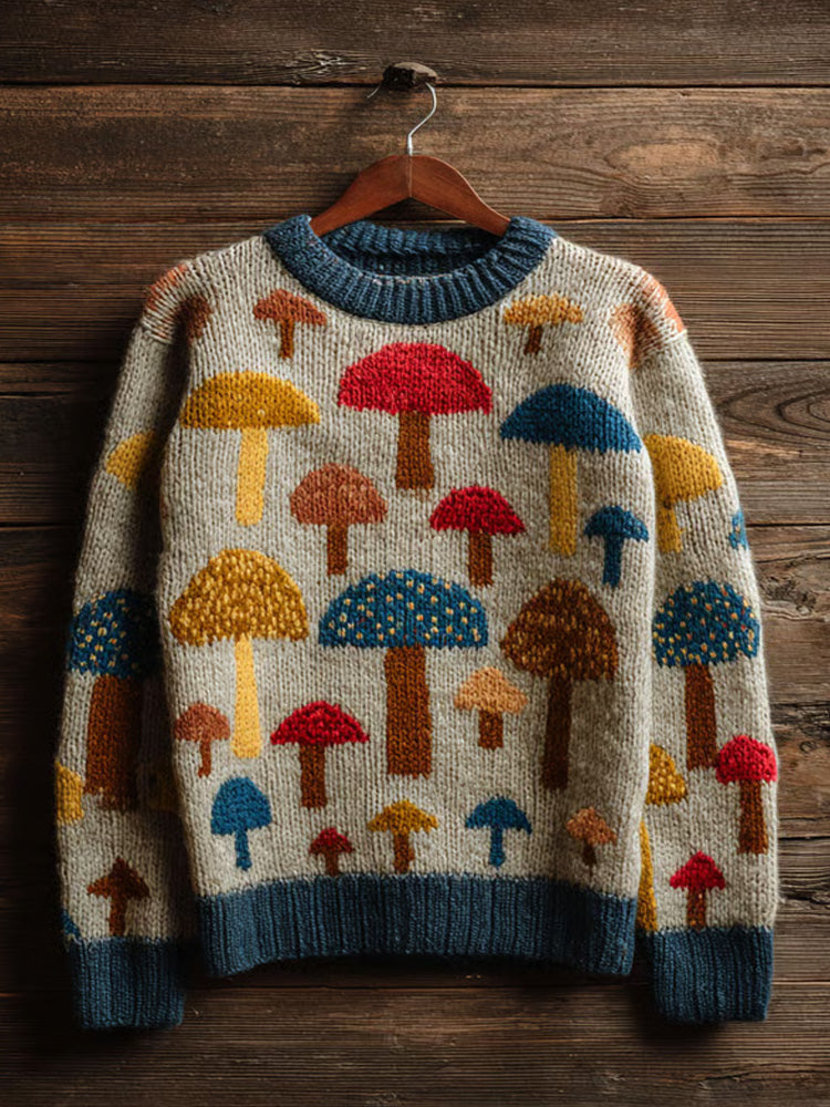Women's Retro Mushroom Print Crew Neck Sweater artswardrobe