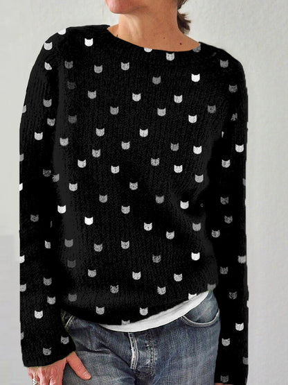 Cute Little Kitty Pattern Crew Neck Cozy Sweater elevenforest