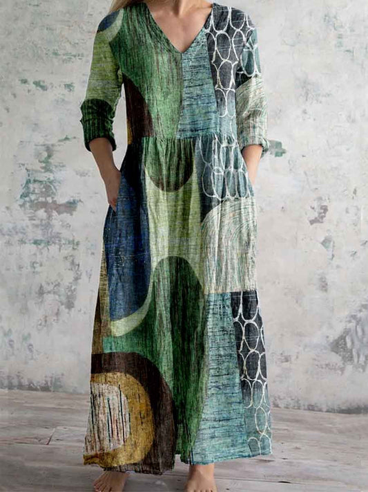 Women's Art Geometric Textured V-Neck Cotton and Linen Dress with Pock