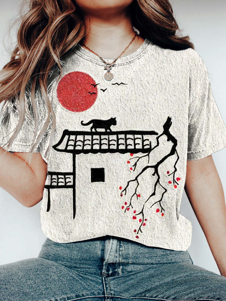 Comstylish Japanese Cat Sunset Print Women's T-shirt