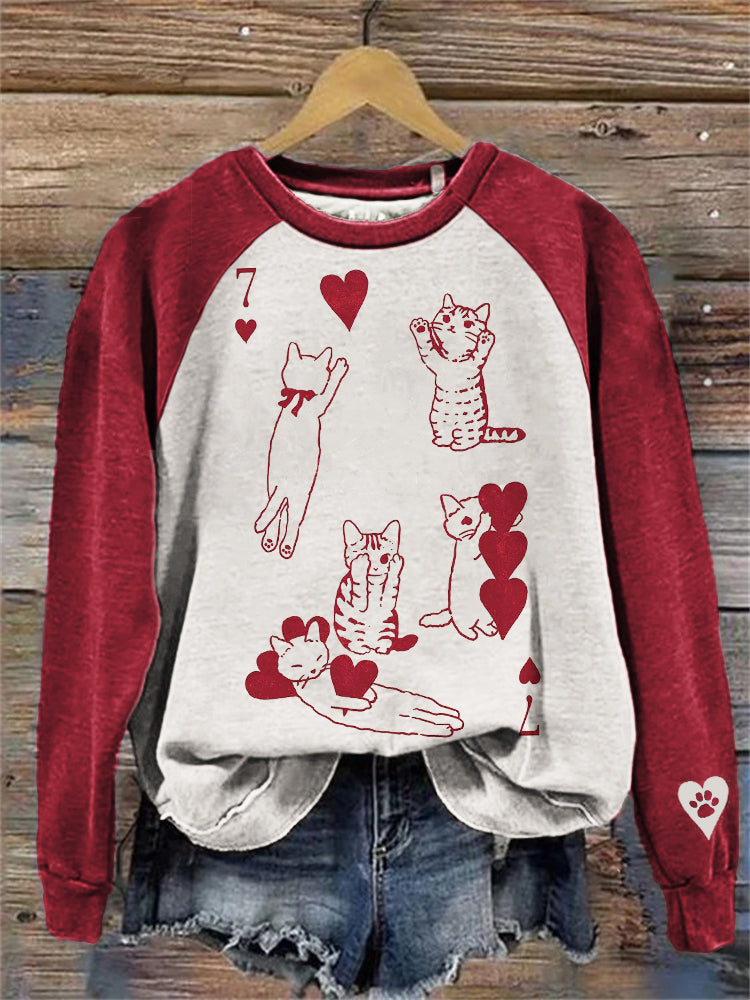 Comstylish Valentine's Day Hearts & Cats Poker Raglan Sweatshirt