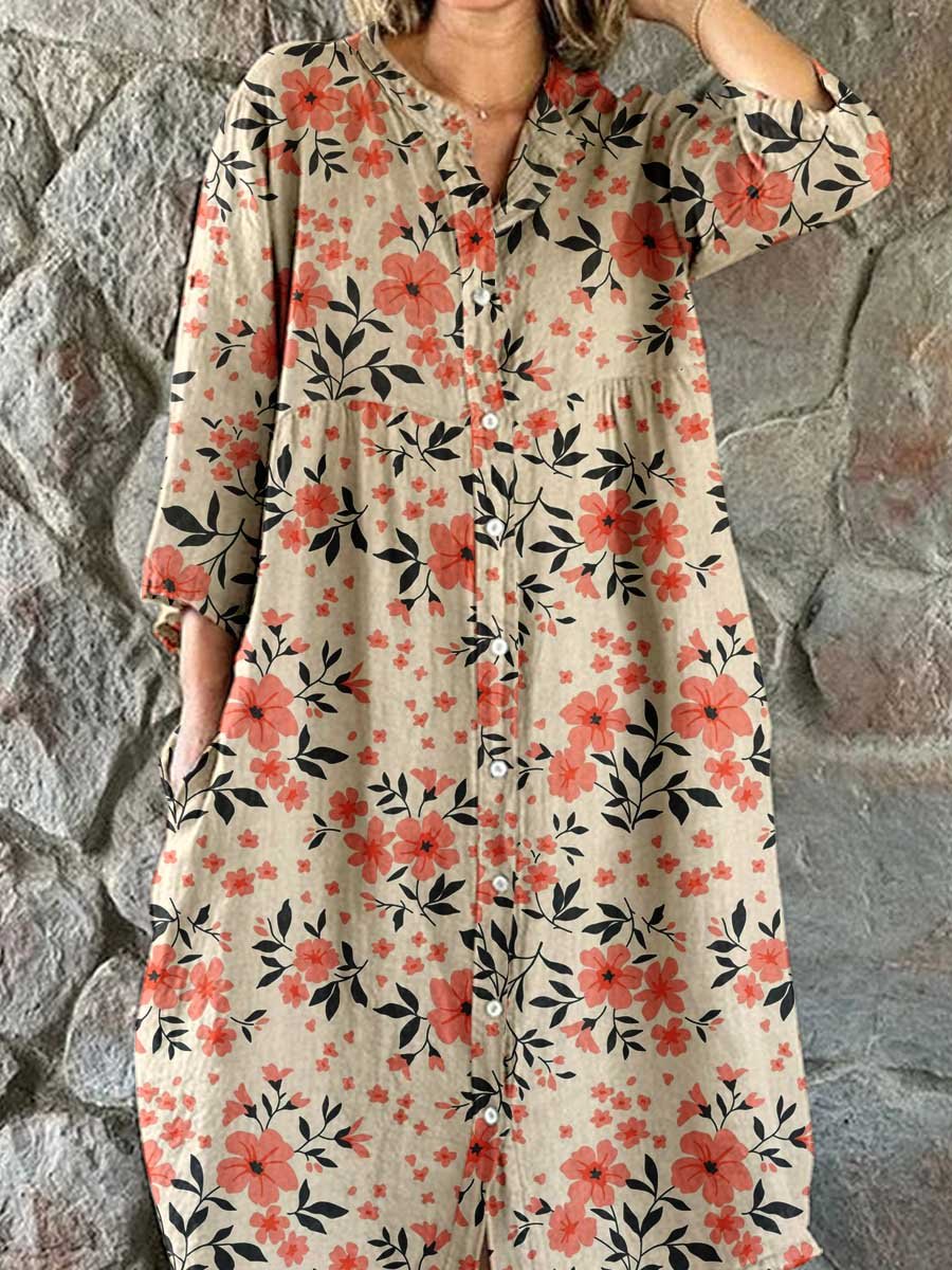 Women's Elegant Floral Pattern Shirt Style Cotton and Linen Dress