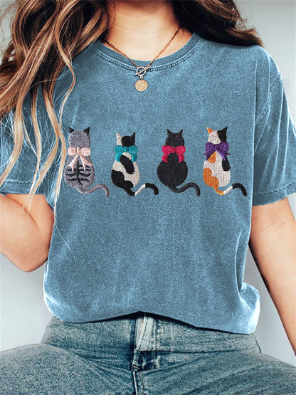 Cute Cat Embroidery Pattern Casual Cotton T-Shirt elevenforest