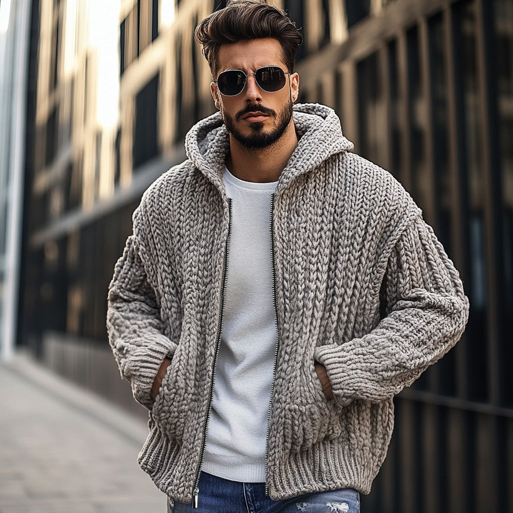 Vintage Chunky Knit Zipper Cropped Hooded Cardigan elevenforest