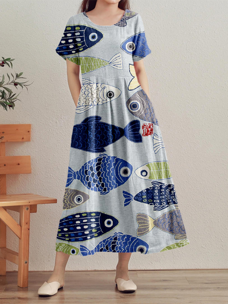 Vintage Fish Japanese Art Linen Maxi Dress artswardrobe