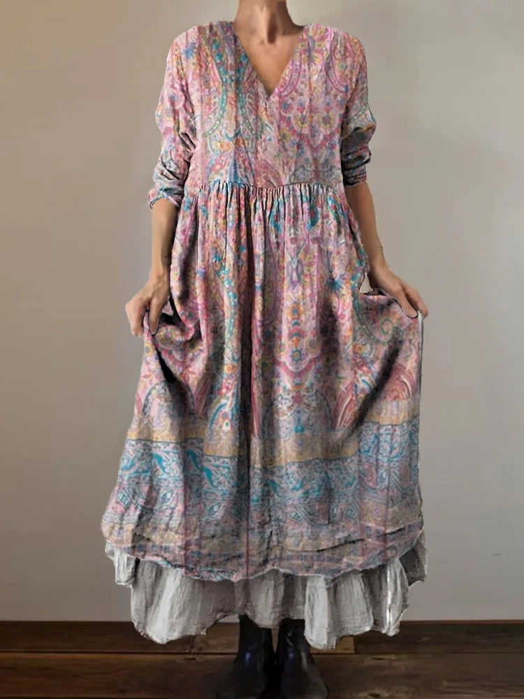 Women's Floral Embellished Pattern Art Print V-Neck Pocket Cotton Dres