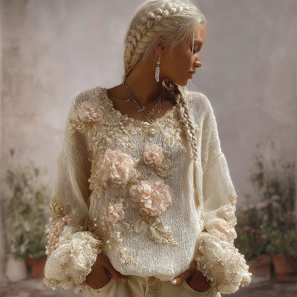 Bohemian Style Three-dimensional Pink Flower Knitted Pattern Women's V-neck Long-sleeve Knitted Sweater elevenforest