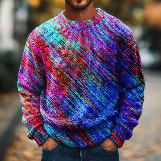 Men'S Fashion Rainbow Lines Printed Knitted Crew Neck Sweater elevenforest