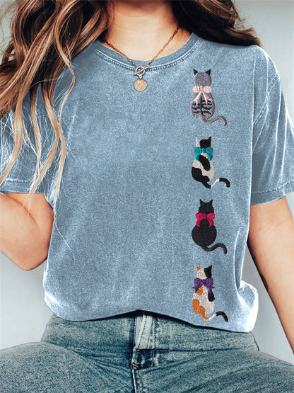 Cute Cat Embroidery Pattern Casual Cotton T-Shirt elevenforest