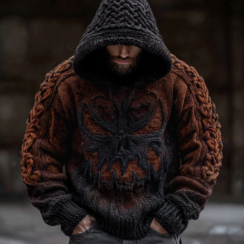 Men's Viking Devil Face Celtic Knot Jacquard Knit Hooded Sweater elevenforest